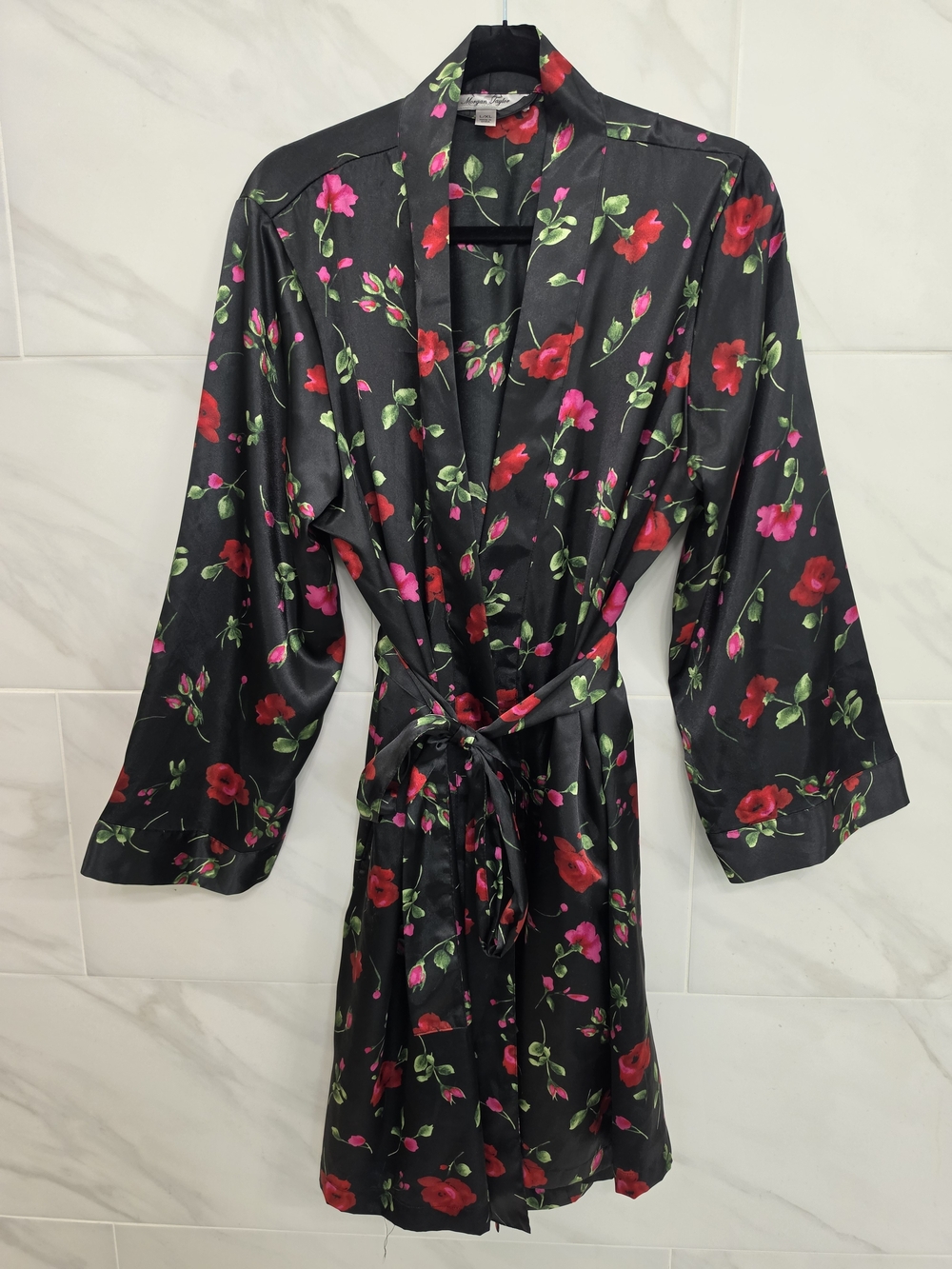 Morgan Taylor Black Satin Floral Kimono Robe with Red & Pink Flowers